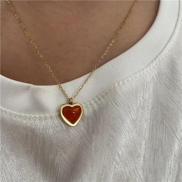 Gold Carnelian Red Heart Necklace Pendant Jewelry for Girls Women Valentine Gift - Picture 6 of 6